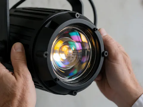 Close-up view of a stage spotlight lens reflecting colored gels, with hands adjusting the lighting equipment against a smooth concrete wall at an entertainment center.