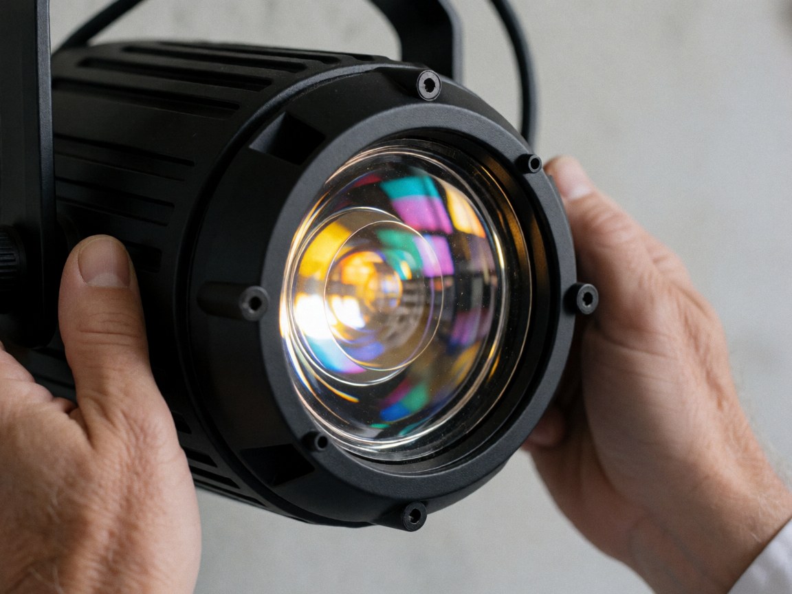 Close-up view of a stage spotlight lens reflecting colored gels, with hands adjusting the lighting equipment against a smooth concrete wall at an entertainment center.