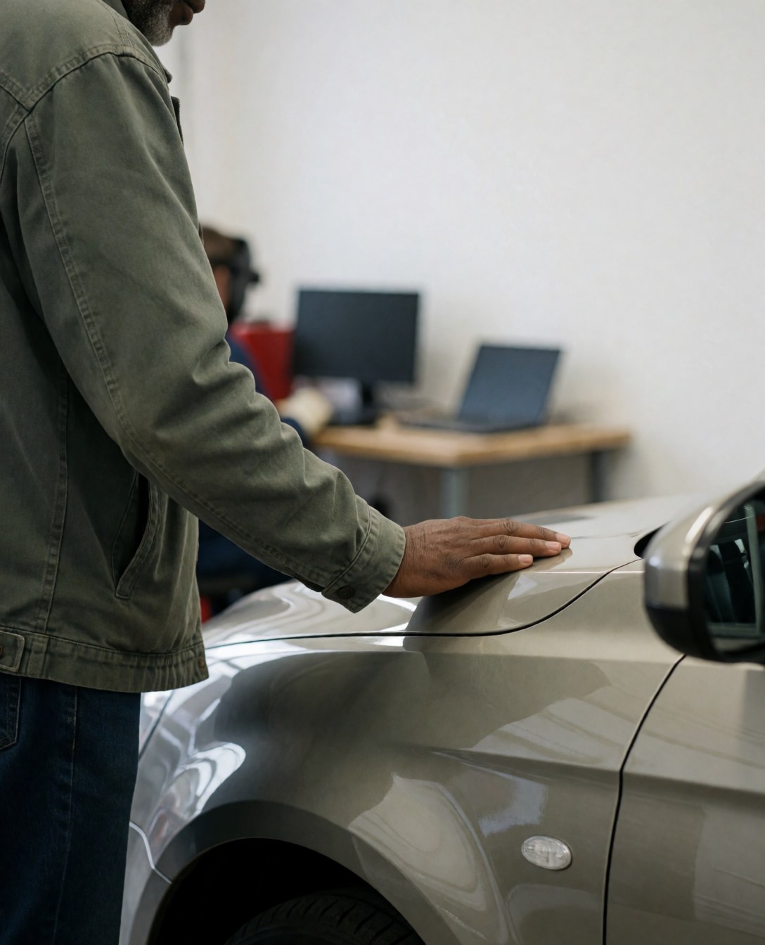A satisfied customer admiring the glossy finish of a car hood in a bright auto repair shop with white walls.