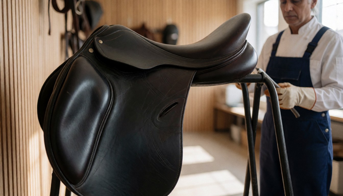 A glossy black English saddle resting on a wooden stand inside an equestrian center with natural light and wood walls