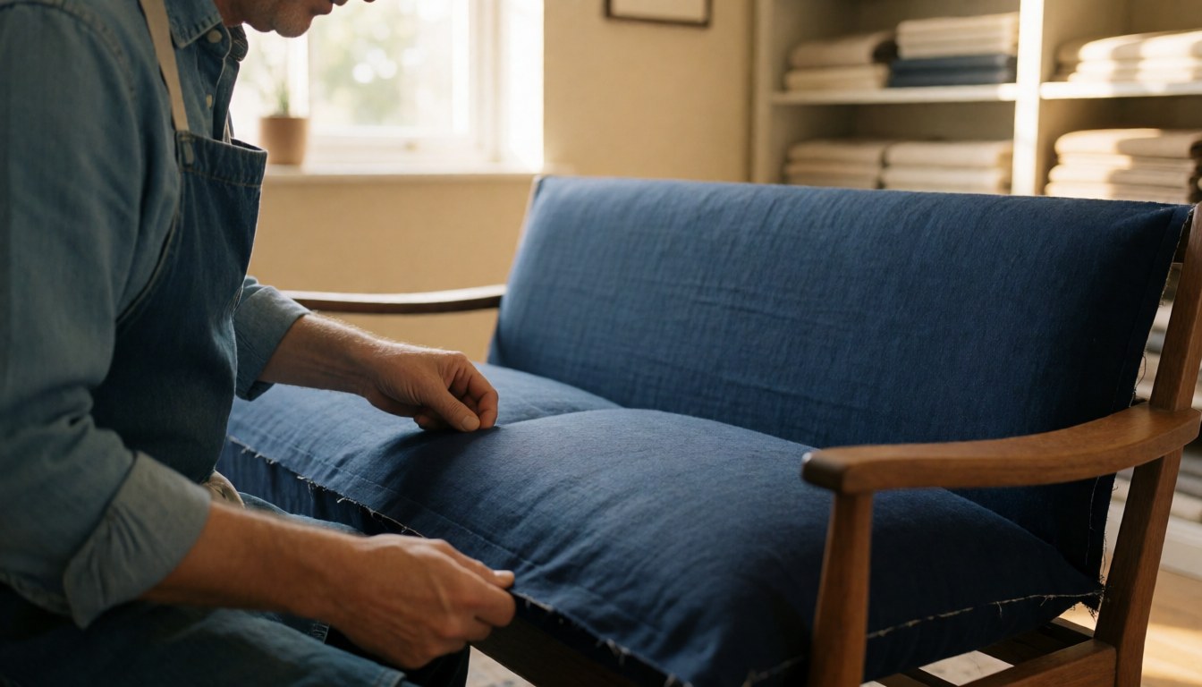 Upholsterer adjusting blue fabric on a wooden sofa with fabric shelves in the background and natural light