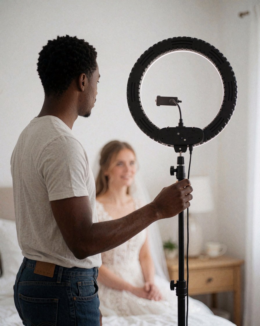 A wedding photographer adjusts a ring light in a room with a blurred bride in the background
