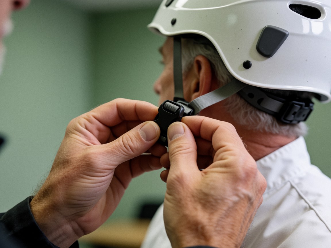 Close-up view of hands adjusting the white strap on a climbing helmet against a green wall, highlighting safety preparation details for training.