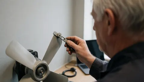 Technician adjusting the balance wheel on a white fan in a clean, organized workshop with light gray walls