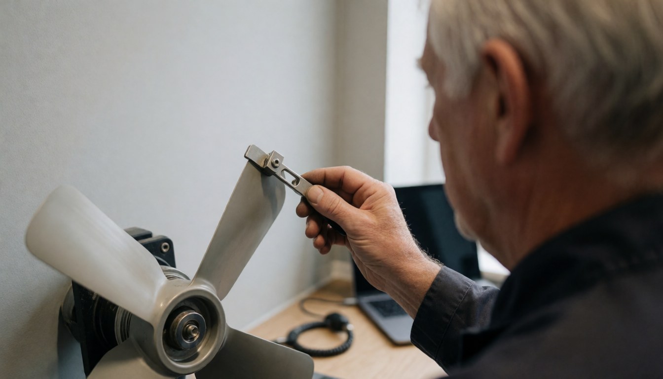 Technician adjusting the balance wheel on a white fan in a clean, organized workshop with light gray walls
