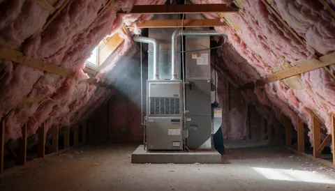 Gas furnace installed on a ceiling with pink insulation between wooden beams and natural light from a window