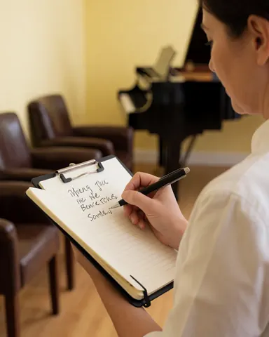 A woman writing in a notebook during a tango class with a piano and leather chairs in the background