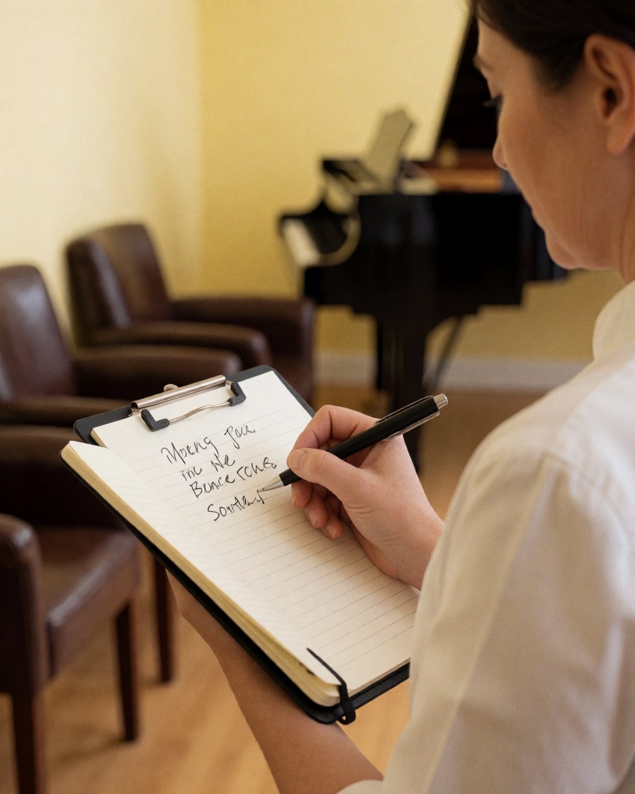 A woman writing in a notebook during a tango class with a piano and leather chairs in the background