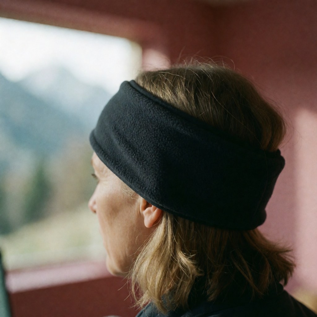 Hiker wearing a wool hat looking at mountains with soft pink walls, natural light, and visible fabric texture