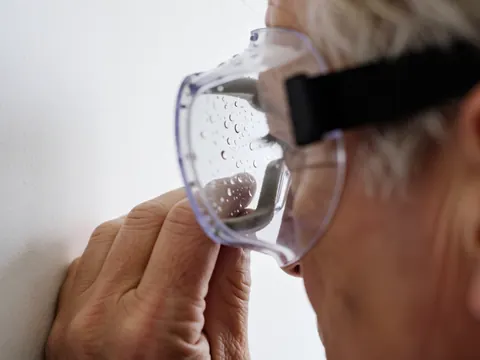 Close-up of safety glasses with water droplets held by a hand against a white wall for industrial use
