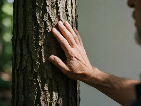 Close-up of an adult hand touching rough tree bark in a forest with dappled sunlight, suitable for track and field coaching details.
