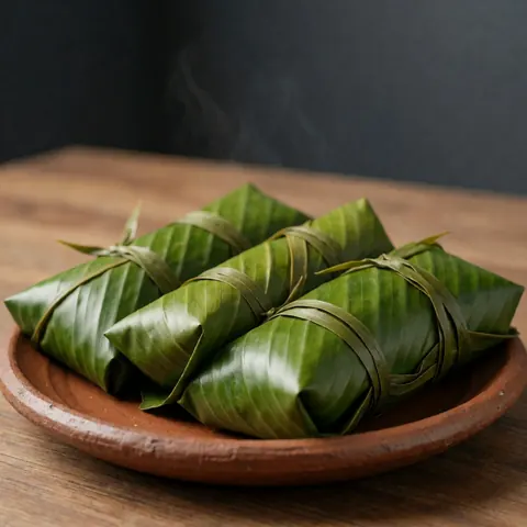 Hot tamales wrapped in green leaves with steam rising, placed on a rustic clay plate atop a wooden table with gray walls in the background