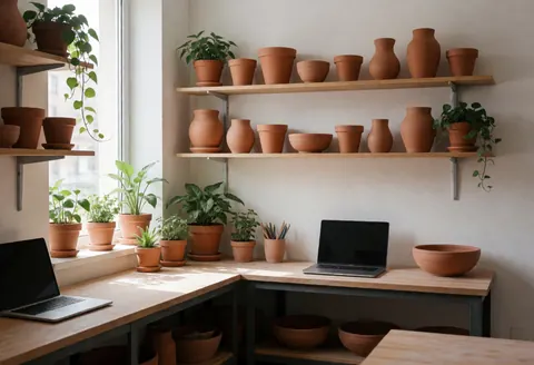 Wooden shelves holding clay pots and green plants in an organized craft workshop interior with natural light