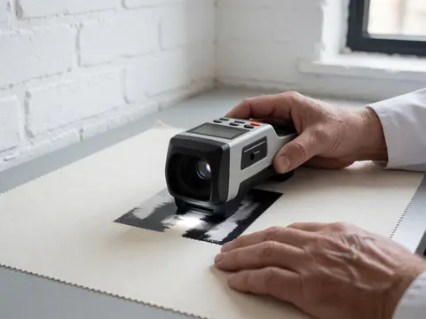 Close-up of a digital colorimeter measuring color on a printed fabric swatch on a work surface with a white brick wall background