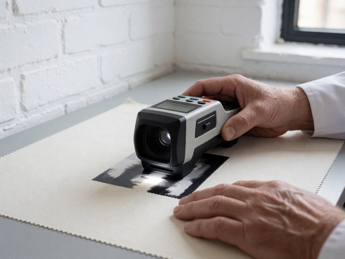 Close-up of a digital colorimeter measuring color on a printed fabric swatch on a work surface with a white brick wall background