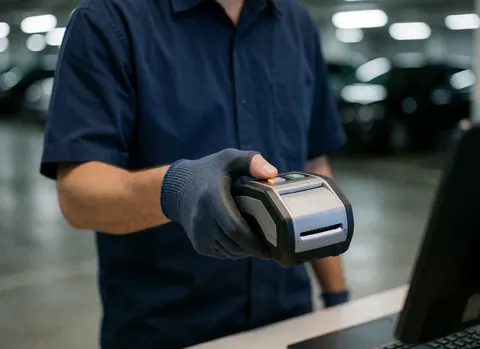 Close-up of a gloved hand pressing a button on a portable ticket printer in a parking lot setting