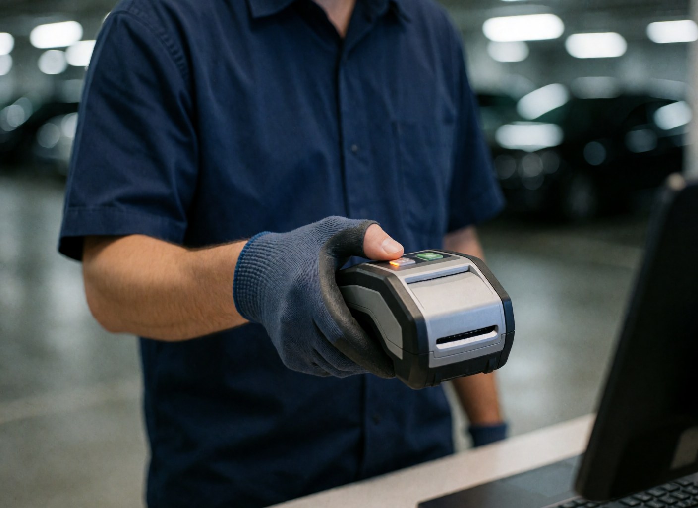 Close-up of a gloved hand pressing a button on a portable ticket printer in a parking lot setting