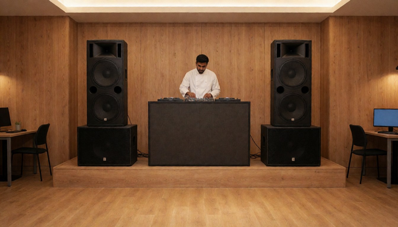 DJ at a mixing console with large speakers, wooden walls, and a wooden floor under warm lighting for a party atmosphere