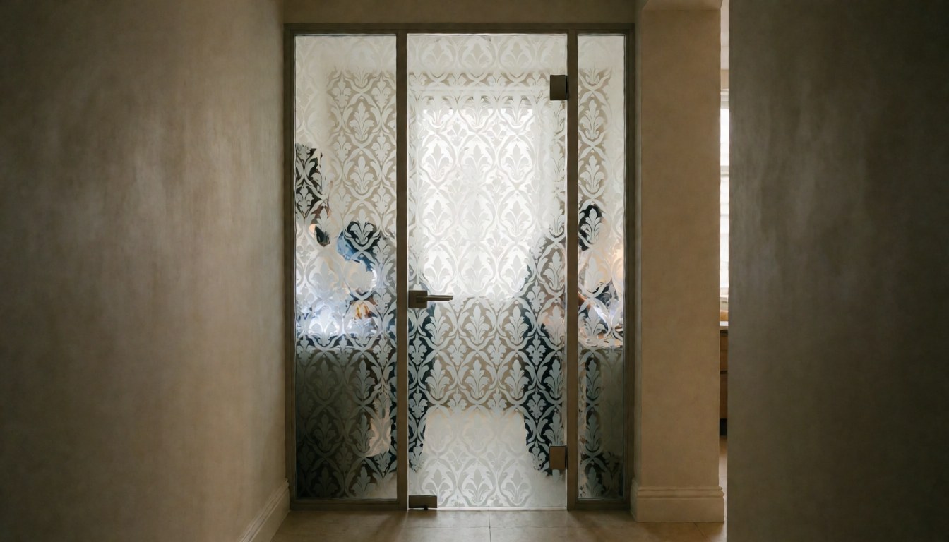 Close-up of a decorative etched glass door with intricate patterns, set in a modern hallway with neutral walls and soft lighting.