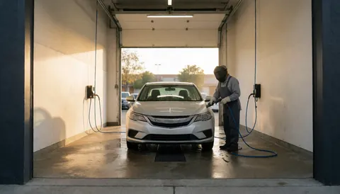 A person washing a white car with a blue hose in a warehouse with a wet floor and open garage door