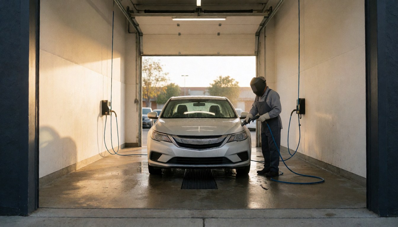 A person washing a white car with a blue hose in a warehouse with a wet floor and open garage door