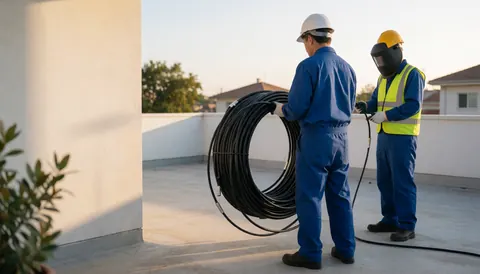 A technician wearing a safety helmet and vest installs an antenna on a rooftop using coaxial cable under warm golden lighting.