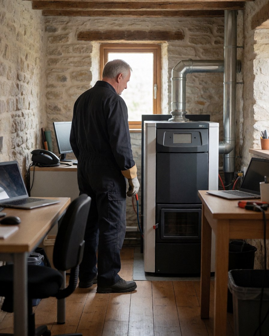 Technician inspecting a biomass boiler in a stone-walled workshop with natural light and tools nearby