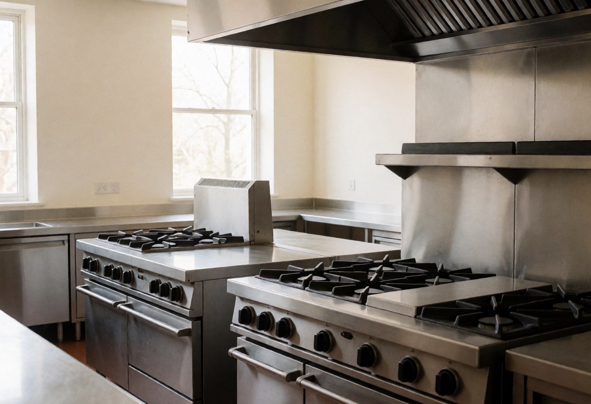Commercial kitchen featuring stainless steel gas stoves and exhaust hood with white walls and natural light from windows.