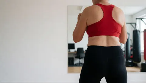 Woman in boxing stance in a gym with white walls, hanging weights in the background, and copy space on the left