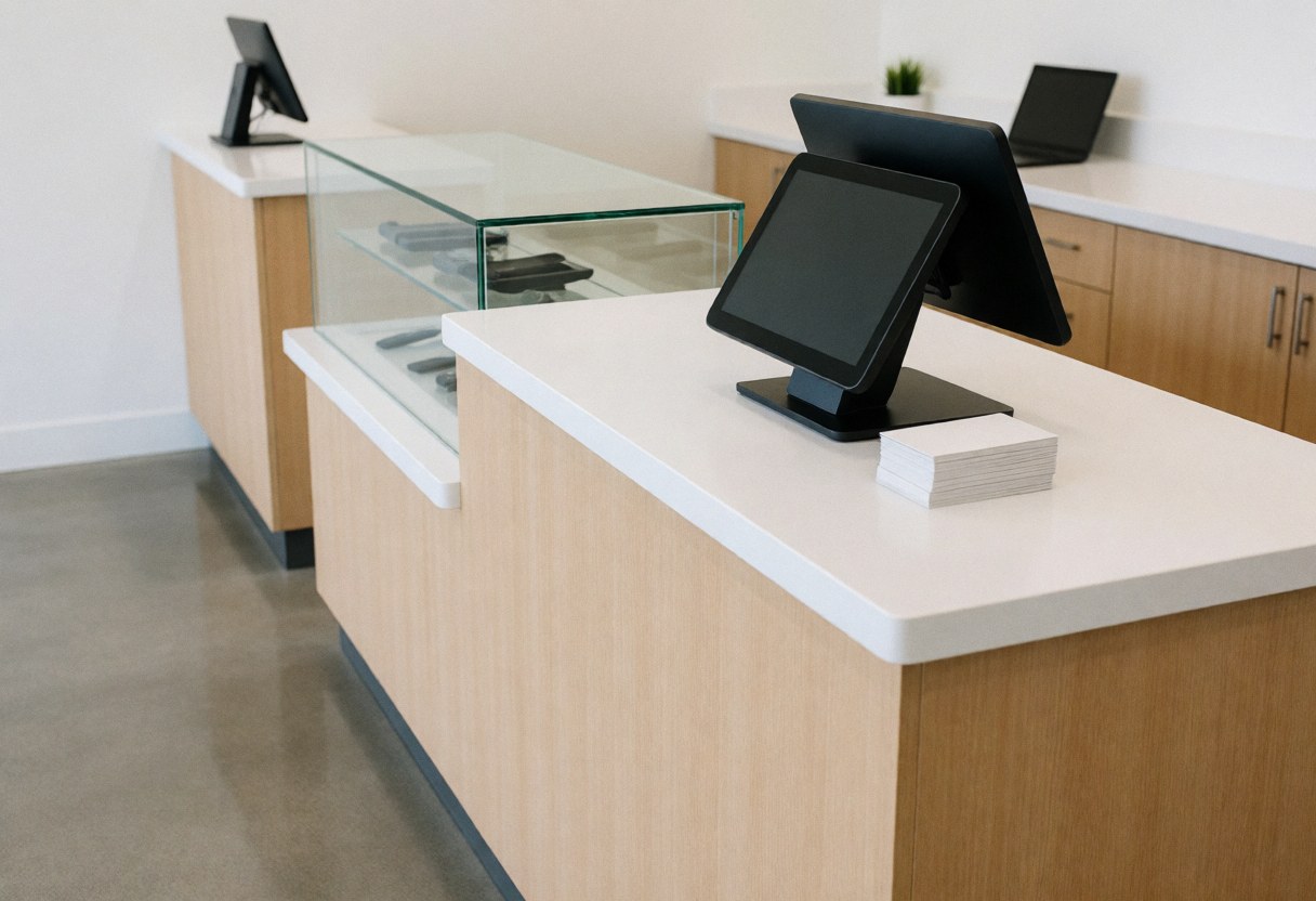 Cash register and glass shelf in a mobile phone repair store with polished concrete floor and light wood furniture.