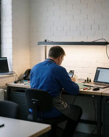 Close-up of a technician using a magnifying glass to inspect a mobile phone on a workbench in a repair shop with white brick wall and focused lighting
