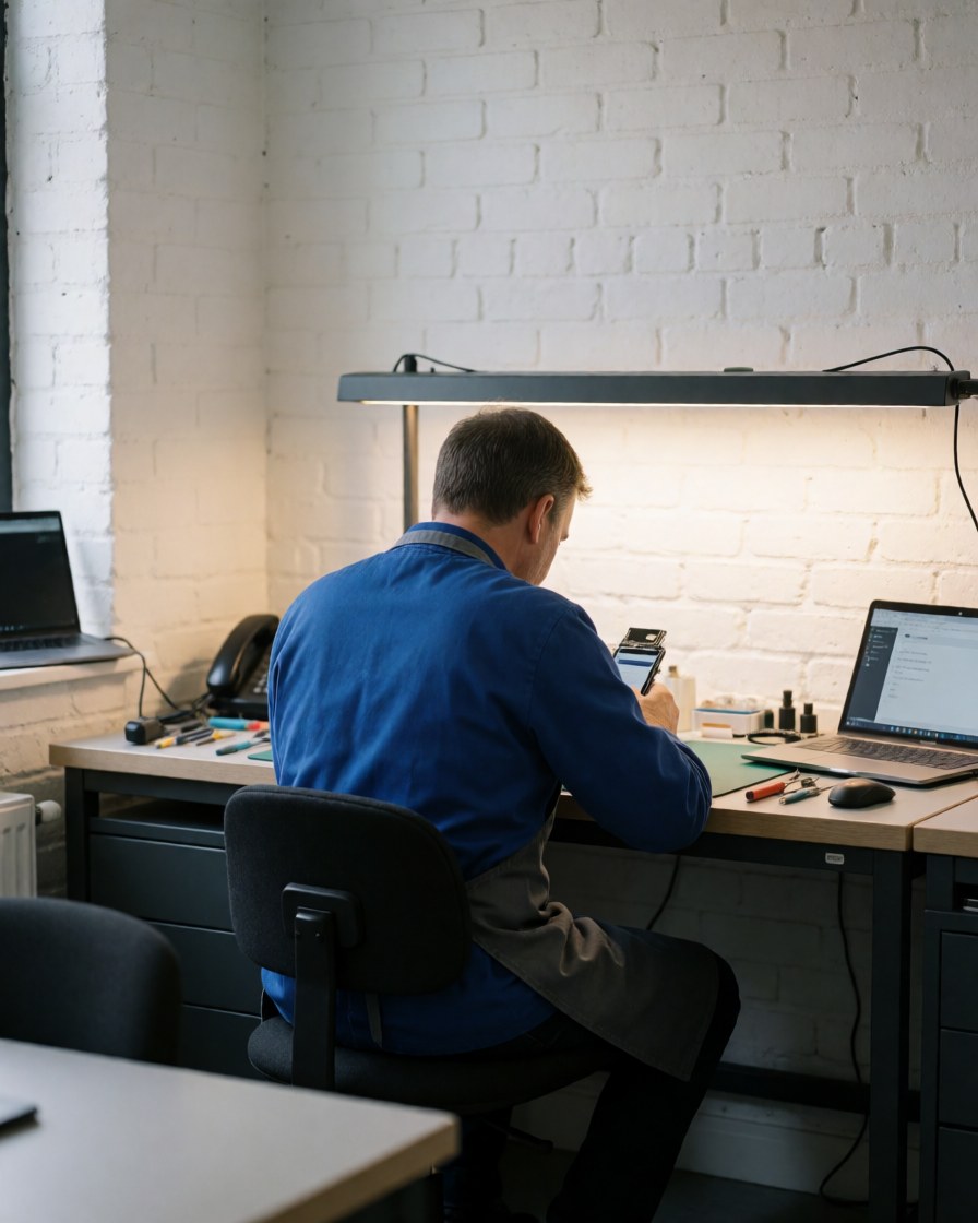 Close-up of a technician using a magnifying glass to inspect a mobile phone on a workbench in a repair shop with white brick wall and focused lighting