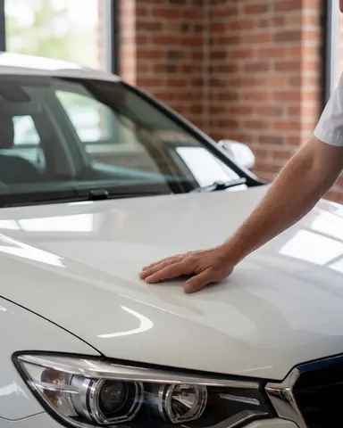 Close-up of a hand resting on the shiny hood of a white vehicle in a workshop setting
