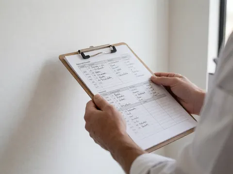 Hands holding a clipboard with a handwritten wedding schedule against a white wall with natural light