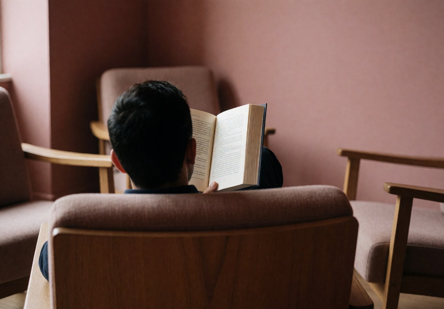 A person reading a book in a quiet room with pink walls and wooden chairs, suitable for a Spanish class setting.