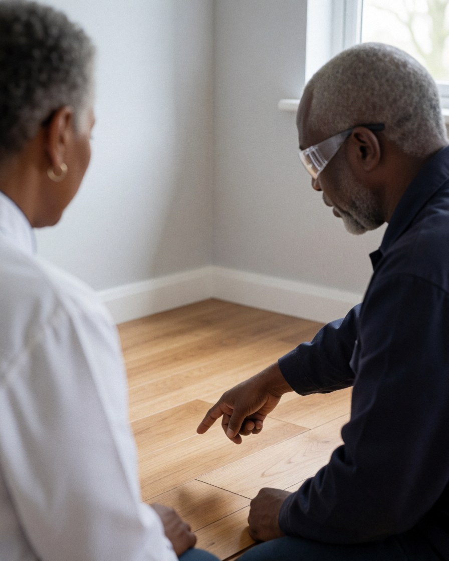 Carpenter in safety glasses points to new wood flooring while a client observes in a room with gray walls and natural light.