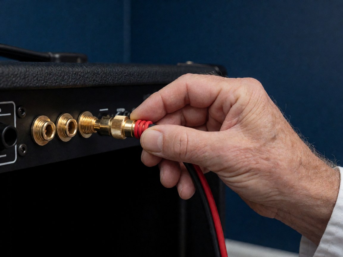 Close-up of a hand plugging a gold Speakon cable into a black amplifier with red and black insulation against a navy blue wall