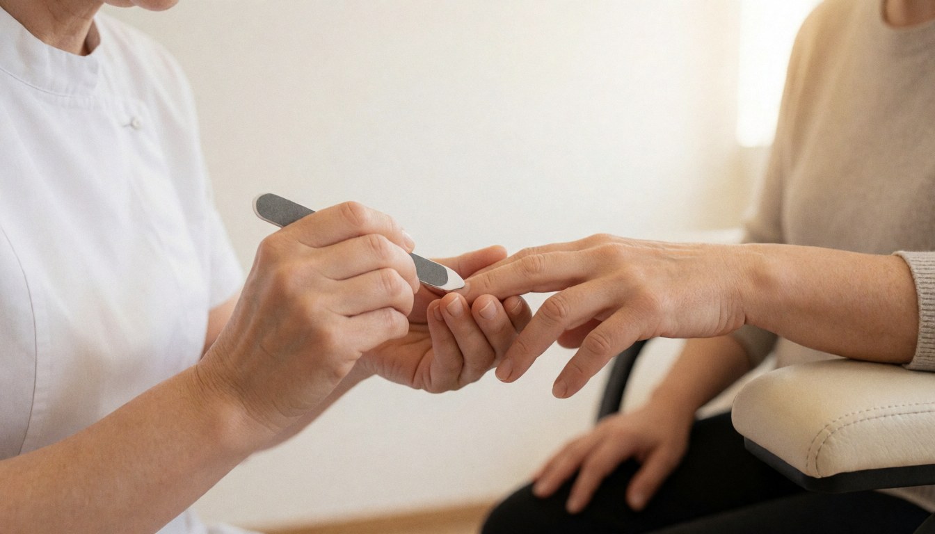 A manicurist in a white uniform uses a nail drill on a client's resting hand against a white wall with soft natural light.