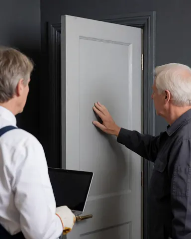 A satisfied client closely examines the surface of a freshly painted gray door while a professional installer stands nearby with a laptop.
