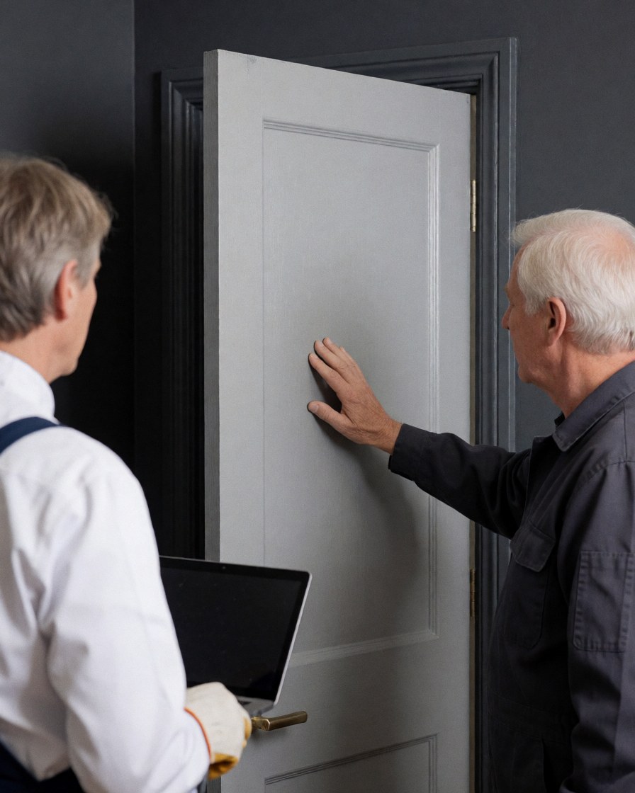 A satisfied client closely examines the surface of a freshly painted gray door while a professional installer stands nearby with a laptop.