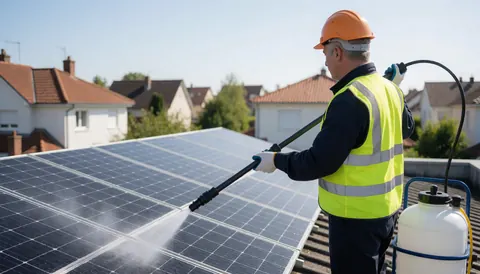 A technician wearing a hard hat and safety vest cleaning solar panels with a water hose on a residential roof