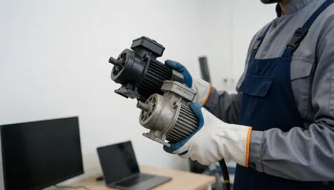 Technician in appliance repair shop comparing new and used electric motors while wearing work gloves and professional attire.