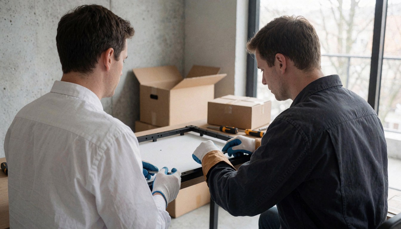 A technician assembles an office desk in a room with concrete walls and natural light, surrounded by boxes and tools.
