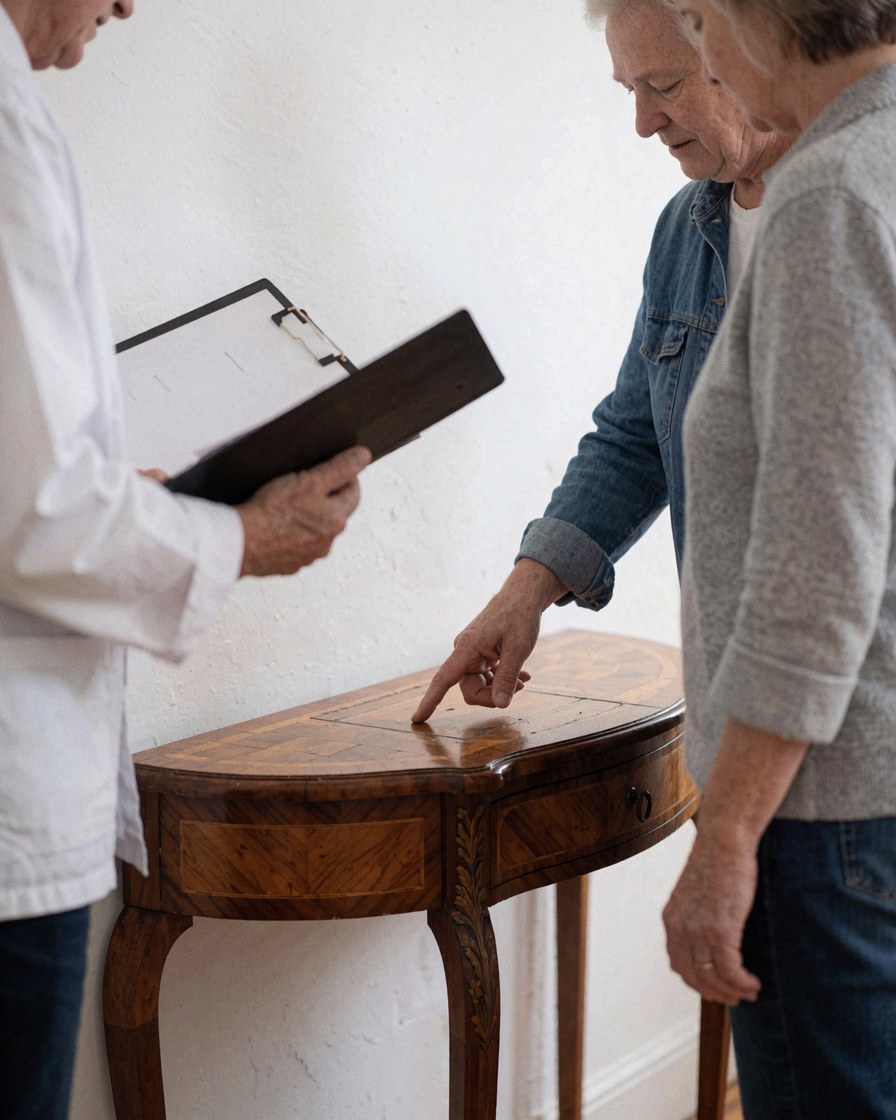 Close-up of client and restorer reviewing marquetry repair on a wooden table against a white wall