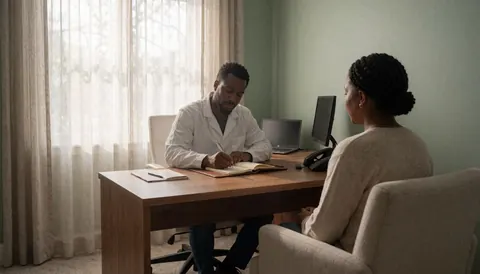 A homeopath writes notes in a notebook while a patient waits in a chair during a consultation in a room with green walls and natural light.
