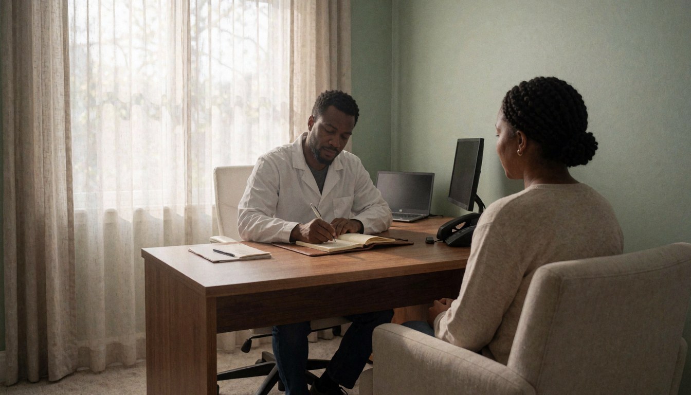 A homeopath writes notes in a notebook while a patient waits in a chair during a consultation in a room with green walls and natural light.
