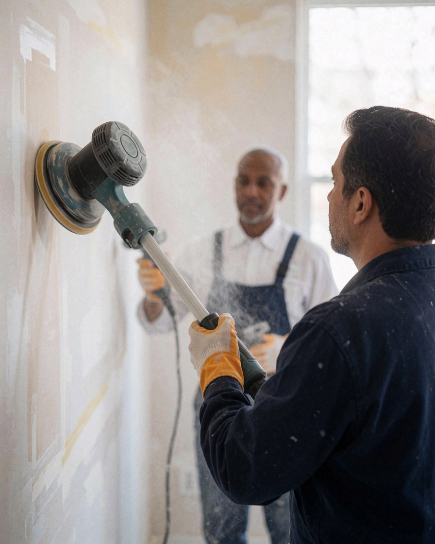 A man uses a wall polisher to repair a surface while a client observes the process in a naturally lit room.