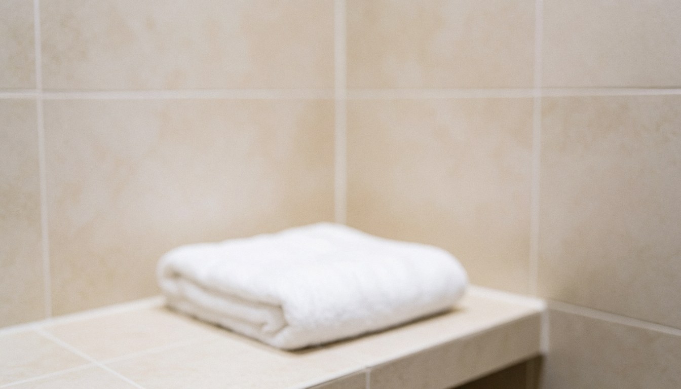 Folded white towel on a marble bench in a beige tiled bathroom, ideal background for laser hair removal service text