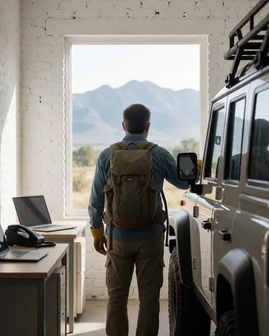 A man with a backpack and hiking gear stands next to a 4x4, looking at mountains in the distance from a room with white brick walls, ideal for rural lodging.