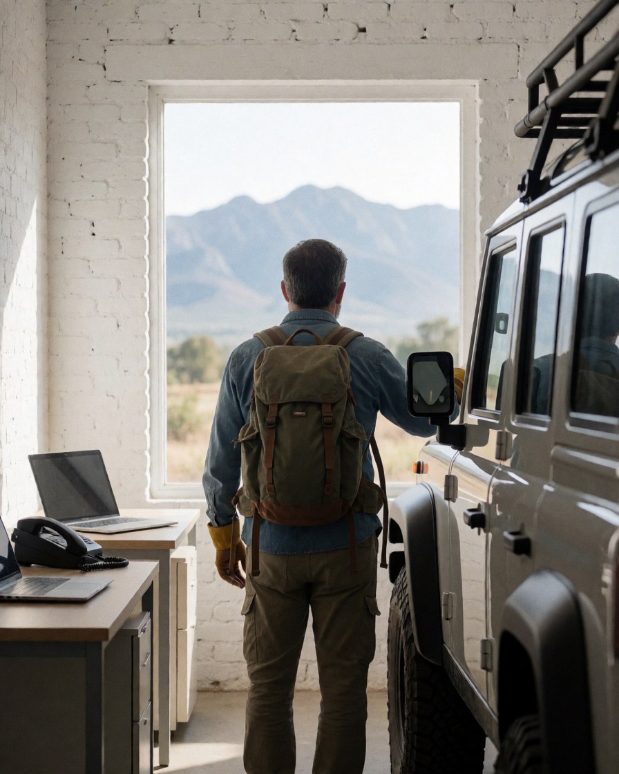 A man with a backpack and hiking gear stands next to a 4x4, looking at mountains in the distance from a room with white brick walls, ideal for rural lodging.